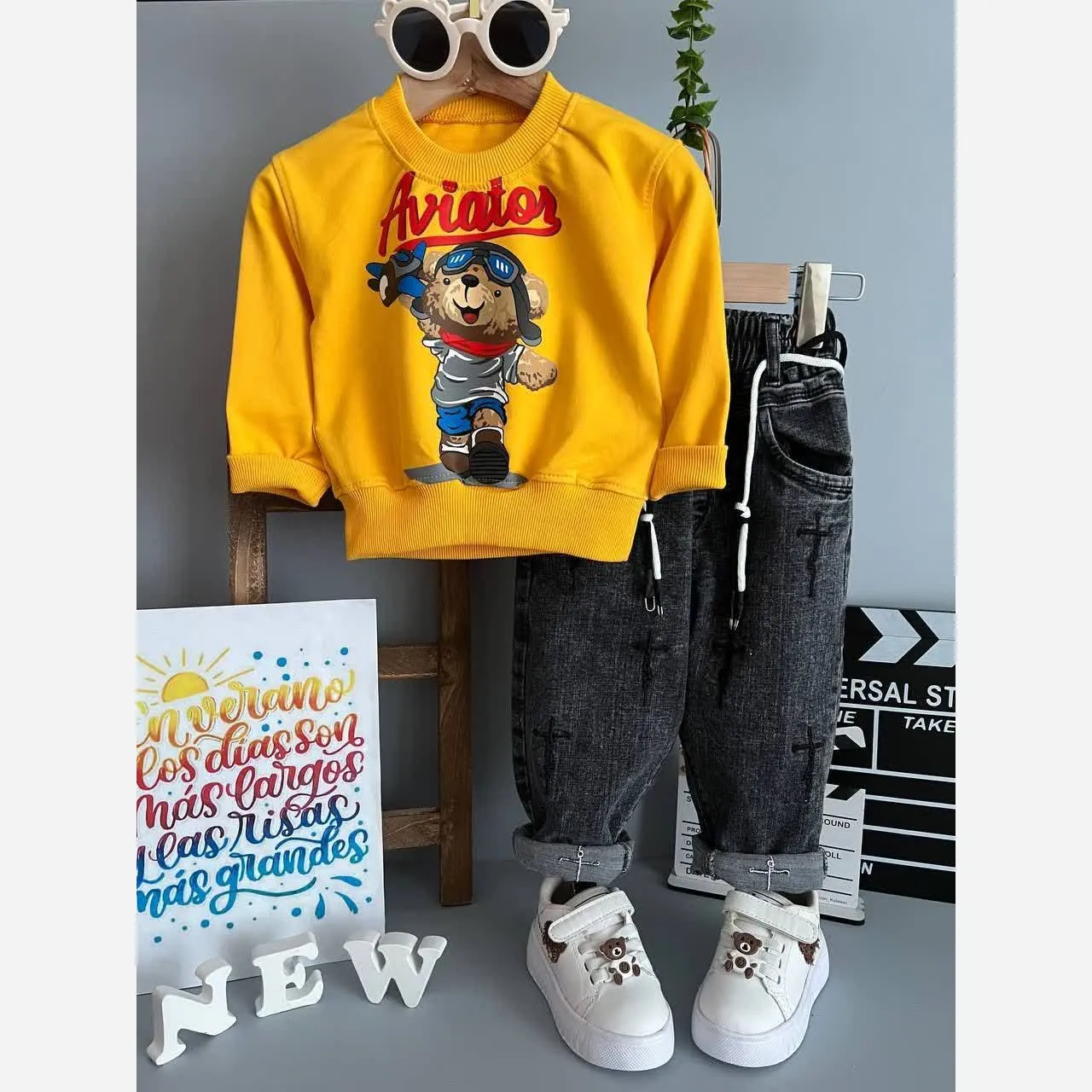 بلوز تک پنبه دورس لاکرادار پسرانه طرح تدی خلبان پاییزه و زمستانه