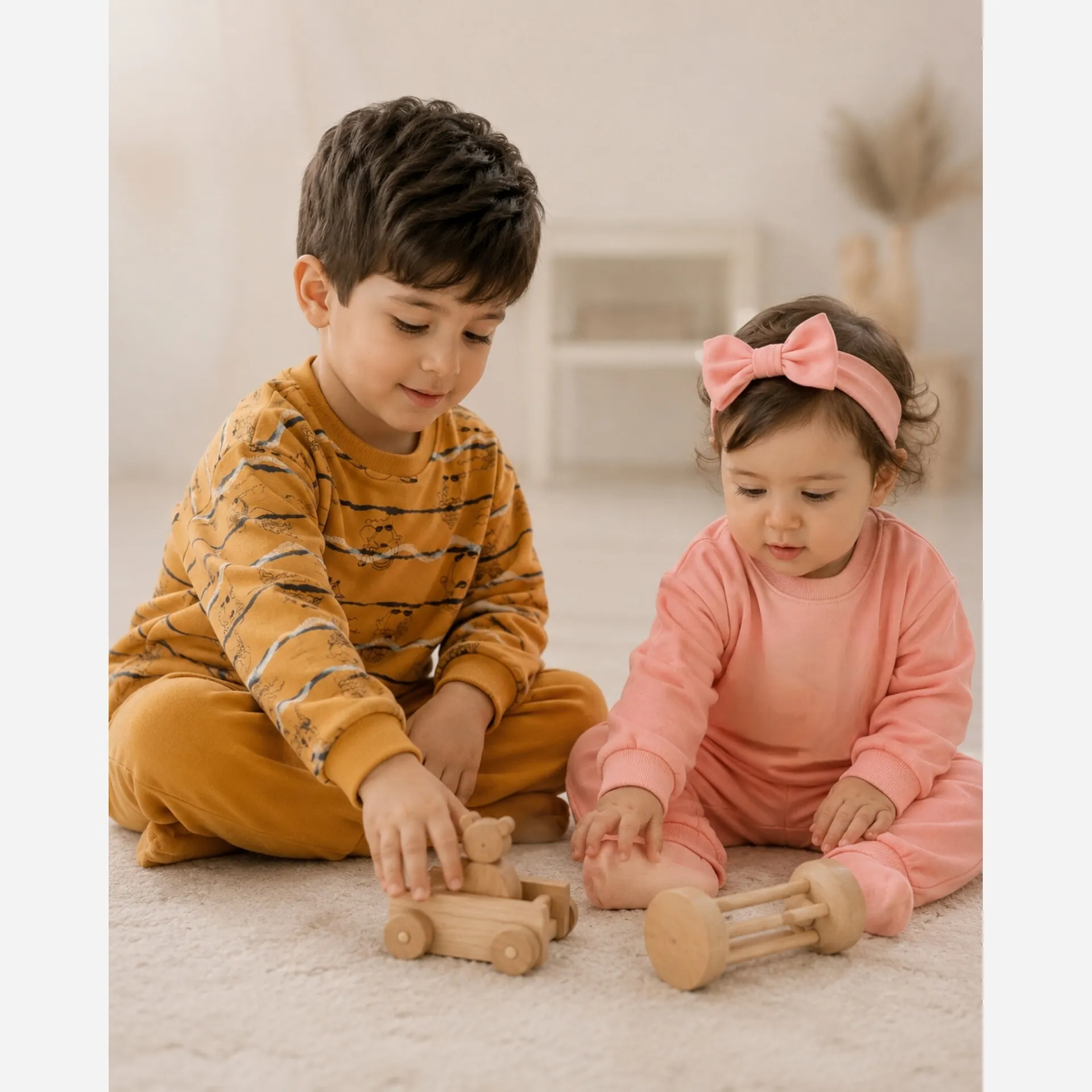 ست بلوز شلوار بچگانه طرح پنگوئن پاییزه مخمل سلانیک پنبه صورتی خردلی 1 تا 7 سال