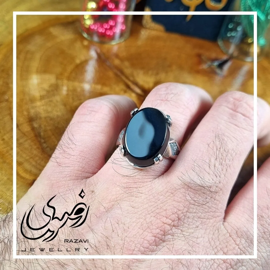 انگشتر مردانه آلیاژ نقره روس با سنگ عقیق مشکی