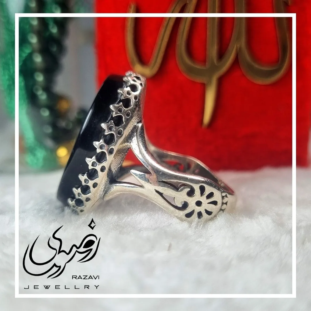 انگشتر مردانه آلیاژ نقره روس با سنگ عقیق مشکی حکاکی اباالفضل العباس