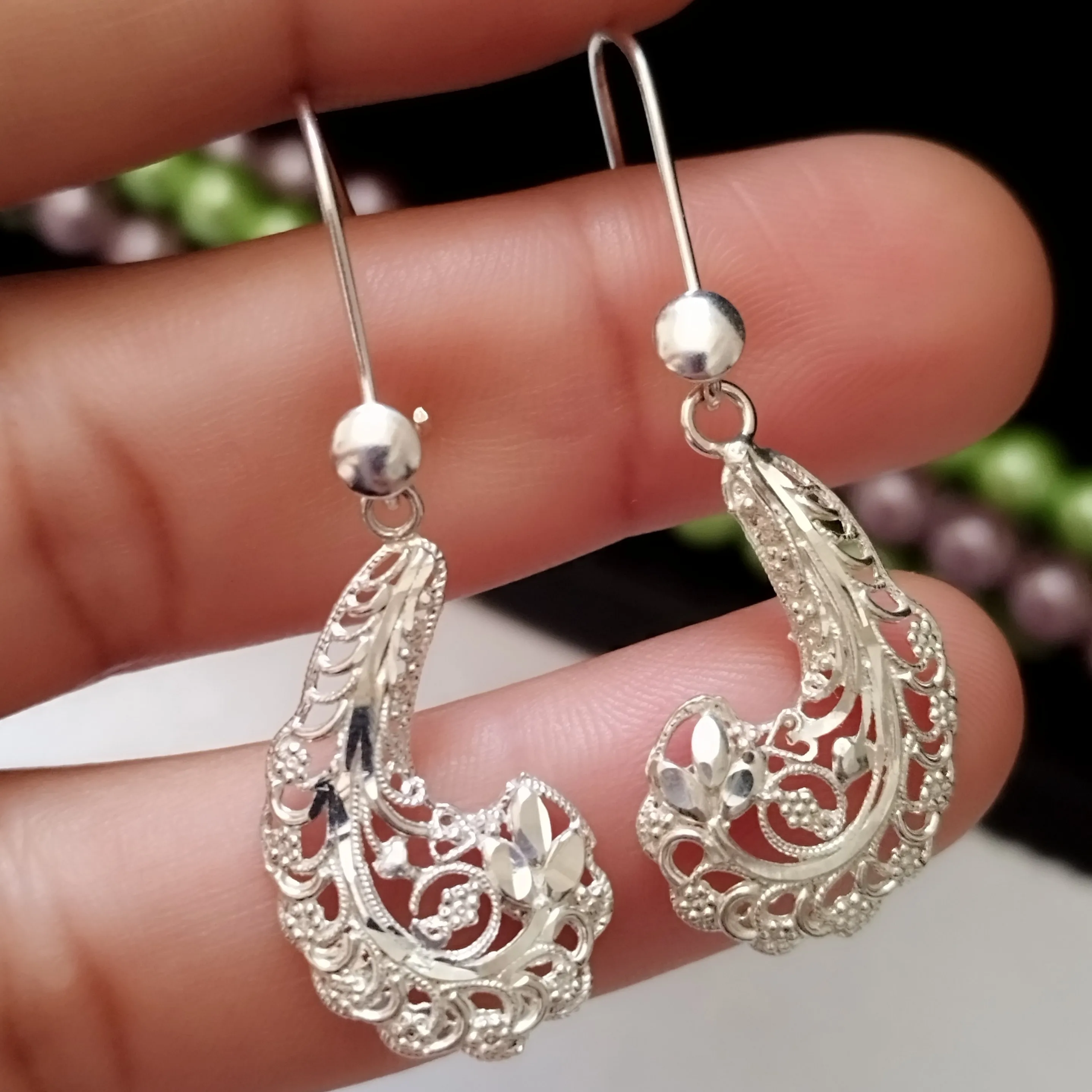 گوشواره نقره آویز زنانه طرح ملیله عیار 925 بزرگ