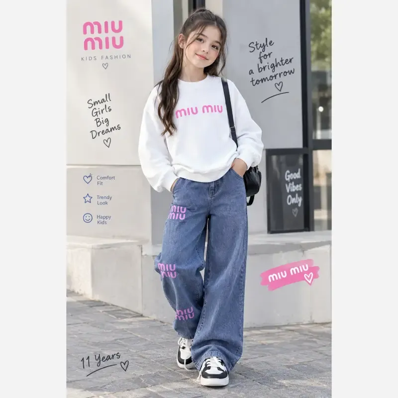 ست بلوز و شلوار لی دخترانه بچگانه طرح Miu Miu پاییزه دورس لاکرا سایز 45 تا 70