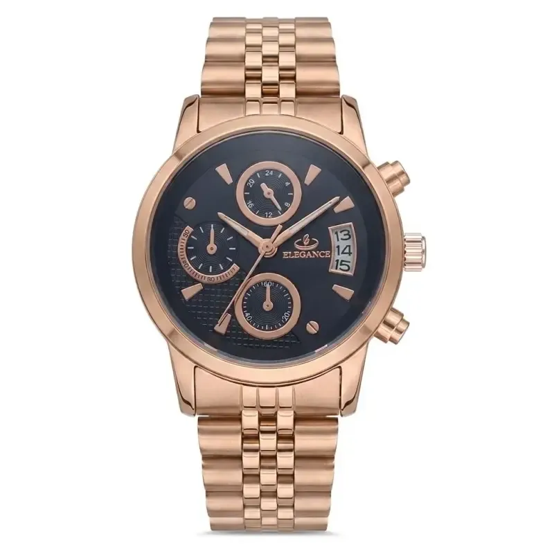 ساعت مچی زنانه الگانس رزگلد صفحه مشکی طرح سه موتور تقویمدار موتور ژاپن رنگ ثابت