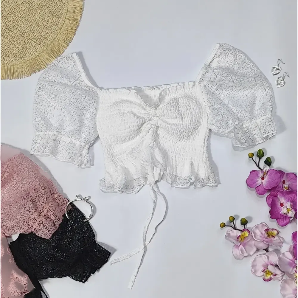 کراپ نیم تنه پینترستی آستین پفی کاپدار تور دانتل فرانسه پشت کش دوزی