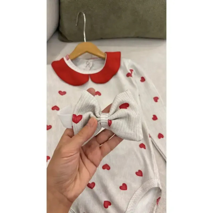 ست سه تیکه نوزادی دخترانه بادی و شلوار پنبه کبریتی یقه قلبی با هدبند