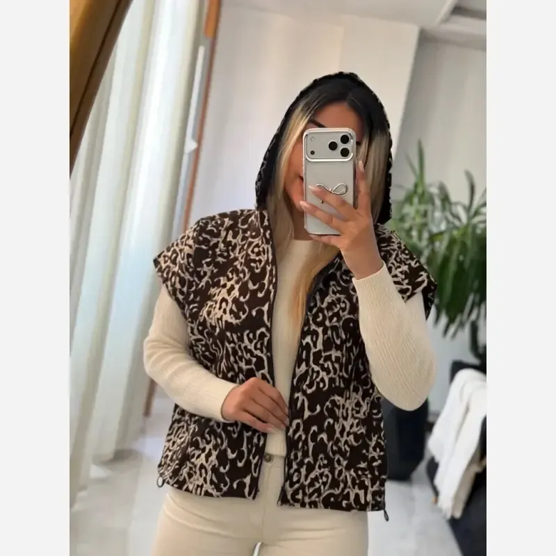 وست کلاه دار پلنگی کتان زنانه رنگ قهوهای مشکی موکا کرم سایز 38 تا 46