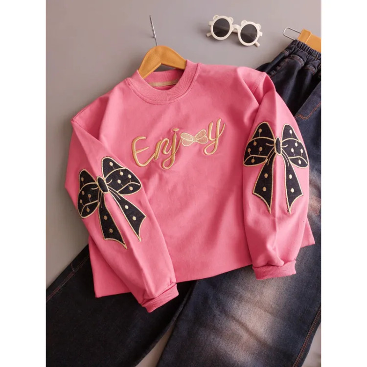 ست لباس دخترانه بلوز دورس و شلوار لی ضخیم مدل پاپیون لی رنگ سرخابی سایز 50 تا 70