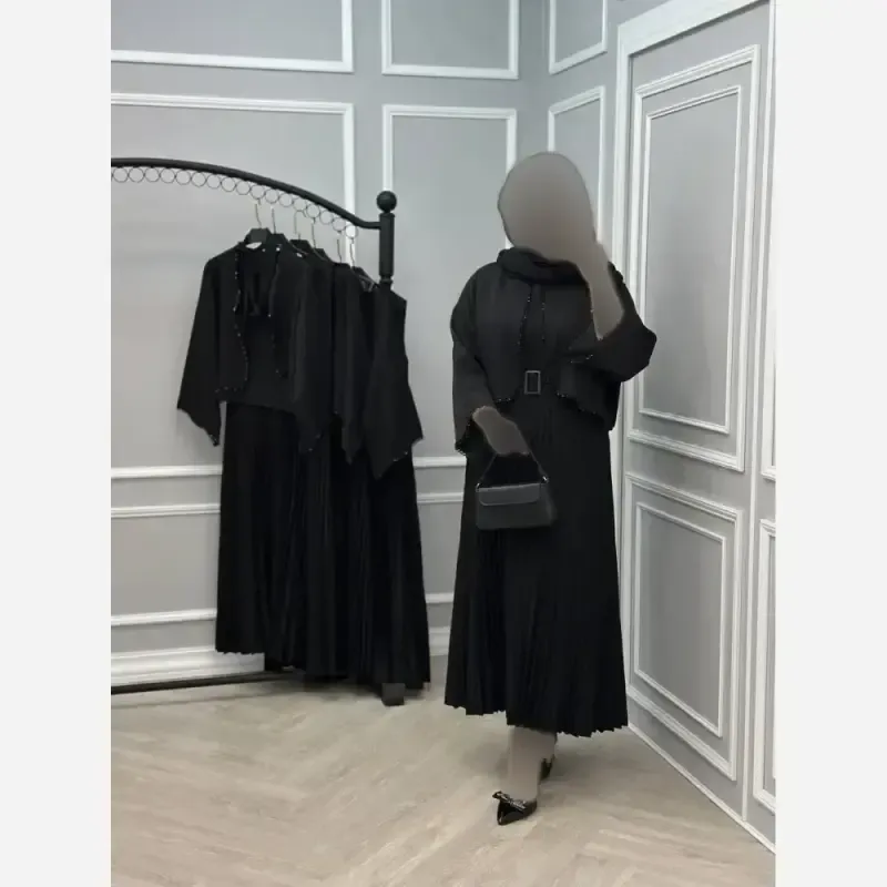ست سه تیکه نیلماه سارافون و کت و کمربند رنگ مشکی فری سایز 38 تا 46